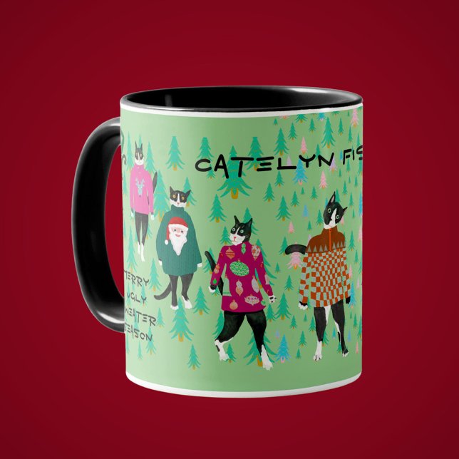Funny Cats in Ugly Christmas Sweaters grün Kaffeetasse (Funny tuxedo cats strut the catwalk in their Ugly Christmas Sweaters. A cat lovers holiday gift mug )