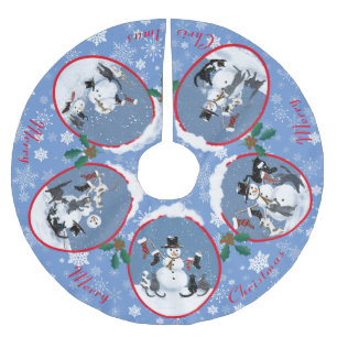 Funny Cats Meet Snowman Holiday Story Weihnachten Polyester Weihnachtsbaumdecke