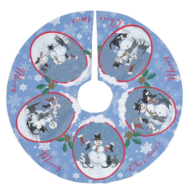 Funny Cats Meet Snowman Holiday Story Weihnachten Polyester Weihnachtsbaumdecke (Vorderseite)
