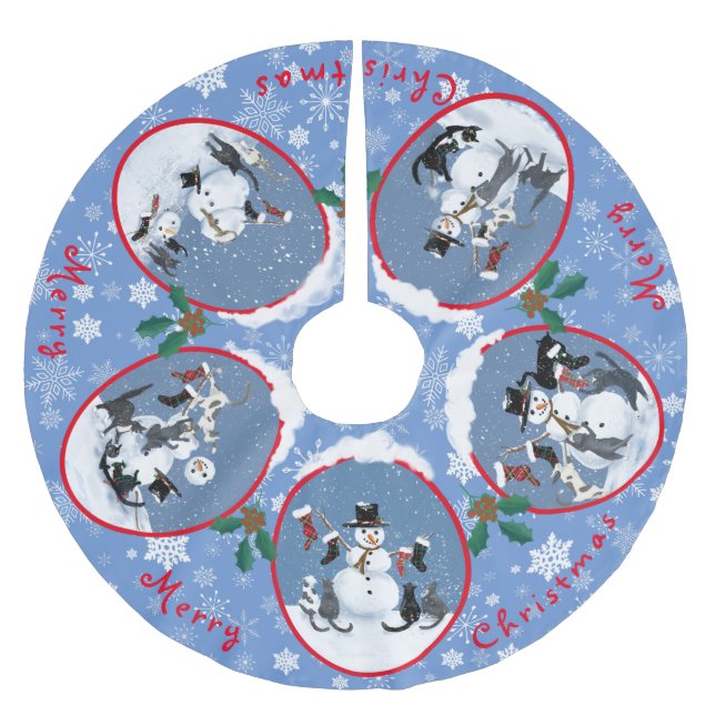 Funny Cats Meet Snowman Narrative Custom Polyester Weihnachtsbaumdecke (Vorderseite)
