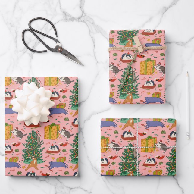 Funny Cats Weihnachtswrapping Paper - Pink Geschenkpapier Set (Vorderseite)