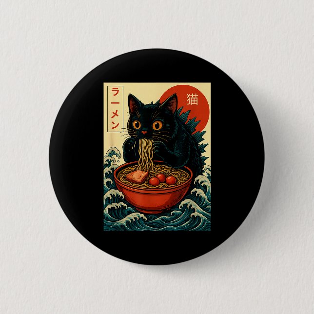 Funny Catzilla Anime Ramen Japanese Cat Men Women  Button (Vorderseite)