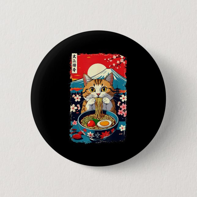Funny Catzilla Anime Ramen Japanese Cat Men Women  Button (Vorderseite)