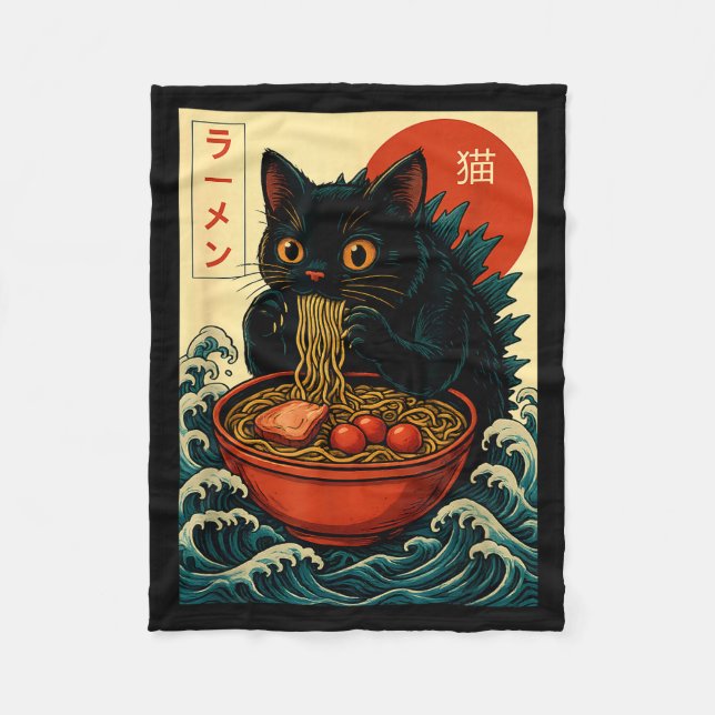Funny Catzilla Anime Ramen Japanese Cat Men Women  Fleecedecke (Vorderseite)