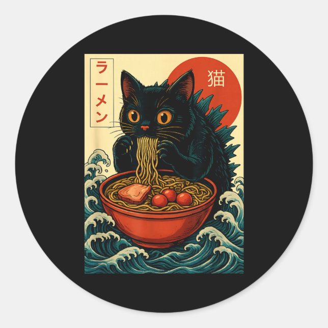 Funny Catzilla Anime Ramen Japanese Cat Men Women  Runder Aufkleber (Vorderseite)