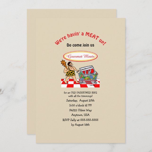 Funny Caveman Altmodisches FLEISCH GRILLEN Einladung (Vorne/Hinten)
