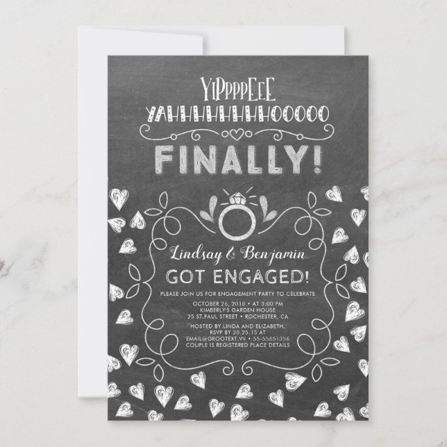 Funny Chalkboard Style Endlich Engagement Party Einladung (Vorderseite)