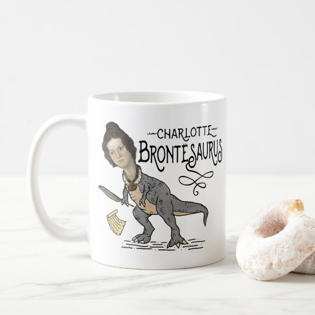 Funny Charlotte Bronte Saurus Dinosaur Buchleser Kaffeetasse (Mit Donut)