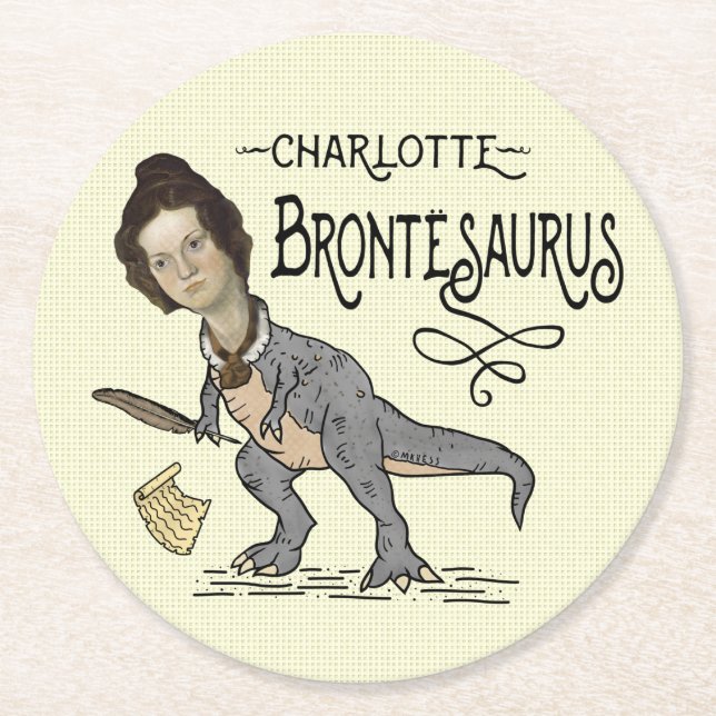 Funny Charlotte Bronte Saurus Dinosaur Buchleser Runder Pappuntersetzer (Vorderseite)
