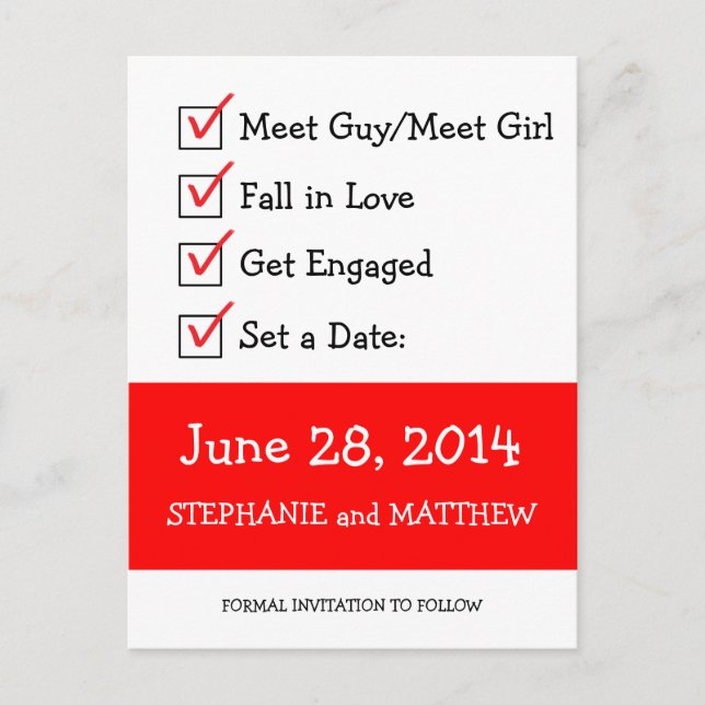 Funny Checkliste Save the Date Ankündigungspostkarte (Vorderseite)