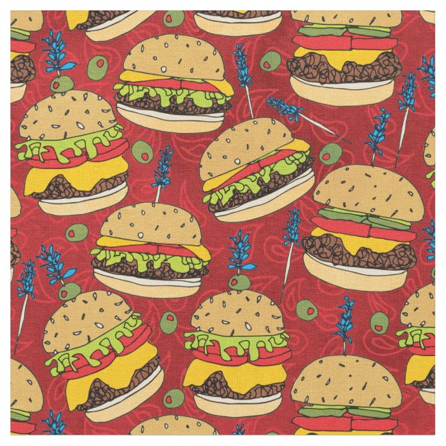 Funny Cheeseburger über Red Food Patches Stoff (Nahaufnahme)