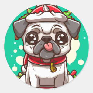 Funny Chibi Kawaii Dog Mops Weihnachtssticker Runder Aufkleber