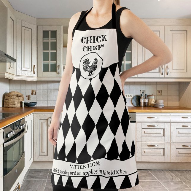 Funny Chicken Black und off-White Schürze (Funny chef apron featuring a black and (off) white (ivory) retro design with a chicken)