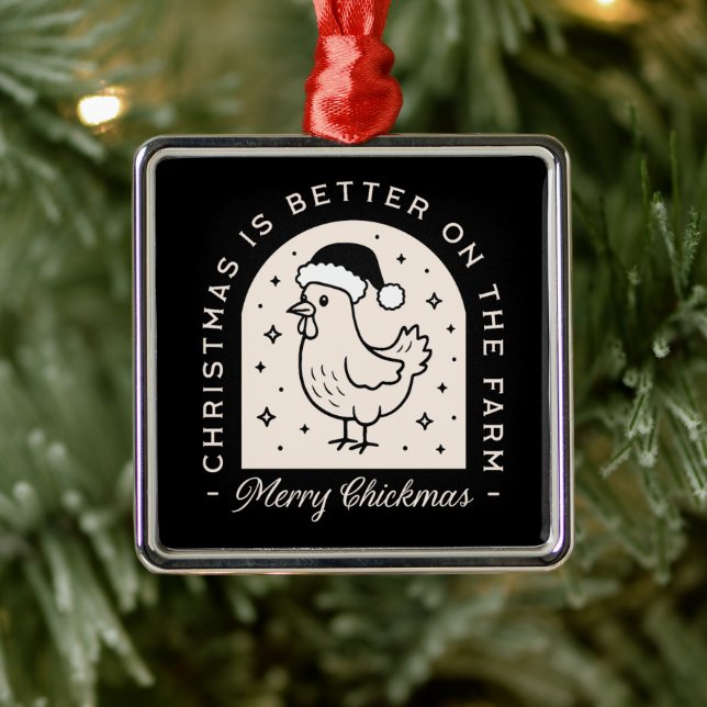 Funny chicken Christmas farm puns whimsical black Ornament Aus Metall (Baum)