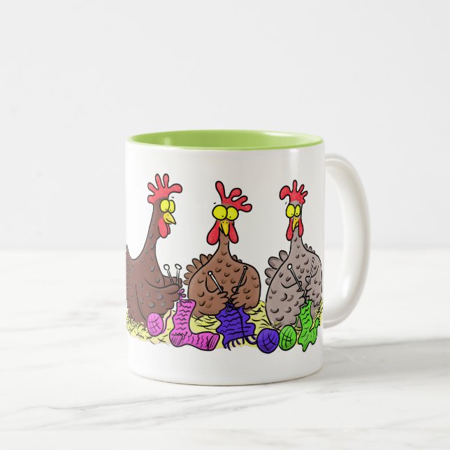 Funny Chicken Trio Strickfilm Cartoon Zweifarbige Tasse (VorderseiteRechts)