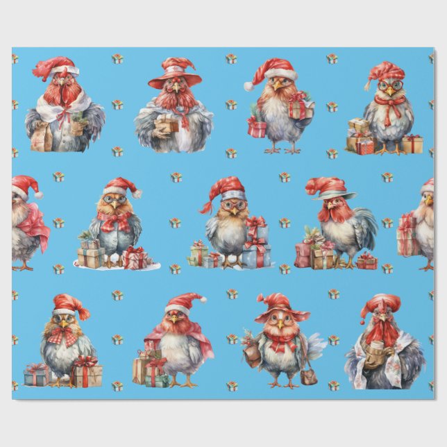 Funny Chicken Weihnachtsurlaub Shoppers Blau Geschenkpapier (Flach)