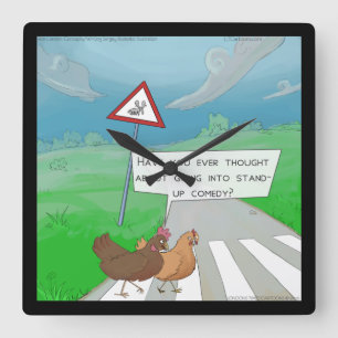 Funny Chickens Crossing Road Square Wall Clock Quadratische Wanduhr