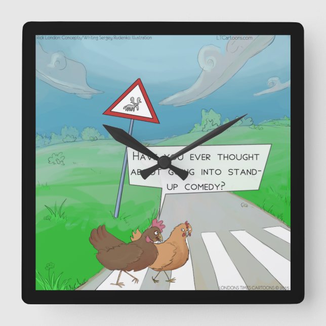 Funny Chickens Crossing Road Square Wall Clock Quadratische Wanduhr (Vorderseite)