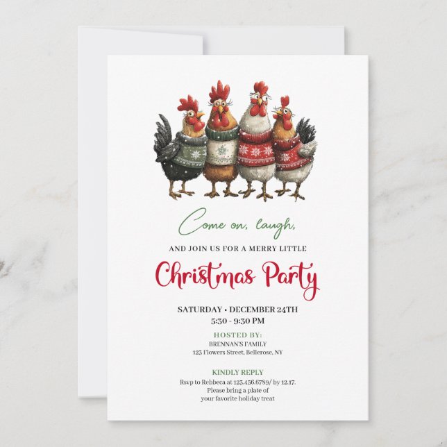 Funny Chickens Minimalist Red Green Holiday Invite Einladung (Vorderseite)