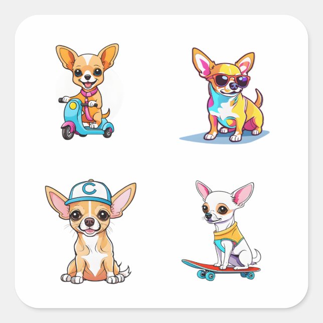 Funny Chihuahua Cartoon Art 4 Pack Stickers (Vorderseite)