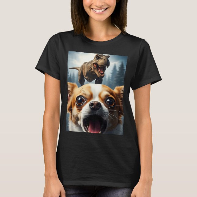 Funny Chihuahua Dog Selfie With T-rex Women Men Ki T-Shirt (Vorderseite)