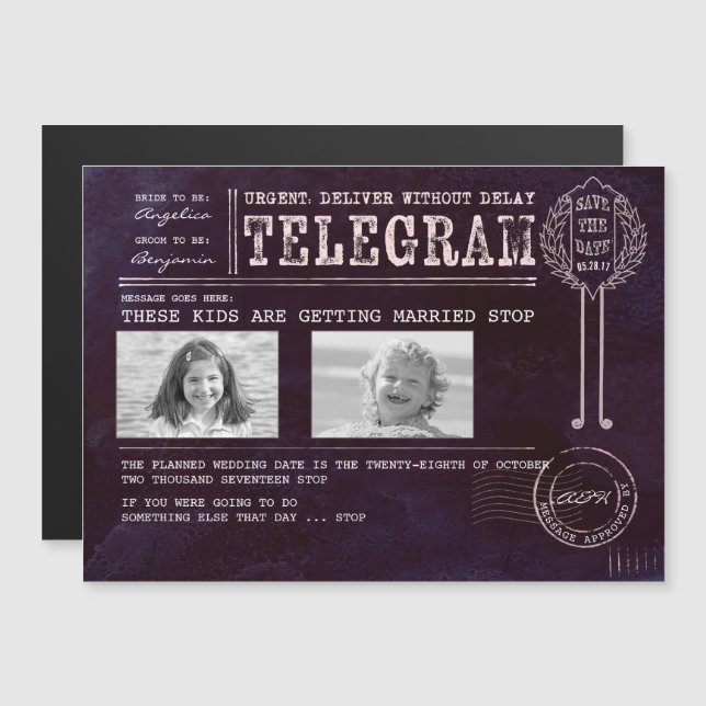 Funny Chilhood Fotos Save the Date Telegramm Magneteinladung (Vorne/Hinten)