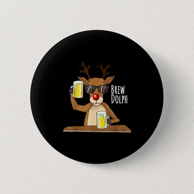 Funny Christmas Alcohol Shirt. Brew Dolph Beer Dri Button (Vorderseite)