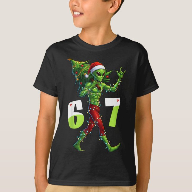 Funny Christmas Alien Six Seven Meme 67 Santa Hat  T-Shirt (Vorderseite)