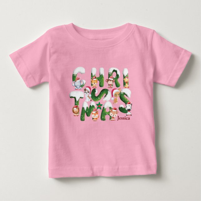 Funny Christmas Alphabet Wildtier anpassen Baby T-shirt (Vorderseite)