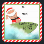 Funny Christmas Beach Geschenke Tags Quadratischer Aufkleber<br><div class="desc">Kreative Weihnachtsgeschenke-Tagkleber mit Santa Surfer Surfen. Text bearbeiten,  um Namen hinzuzufügen.</div>