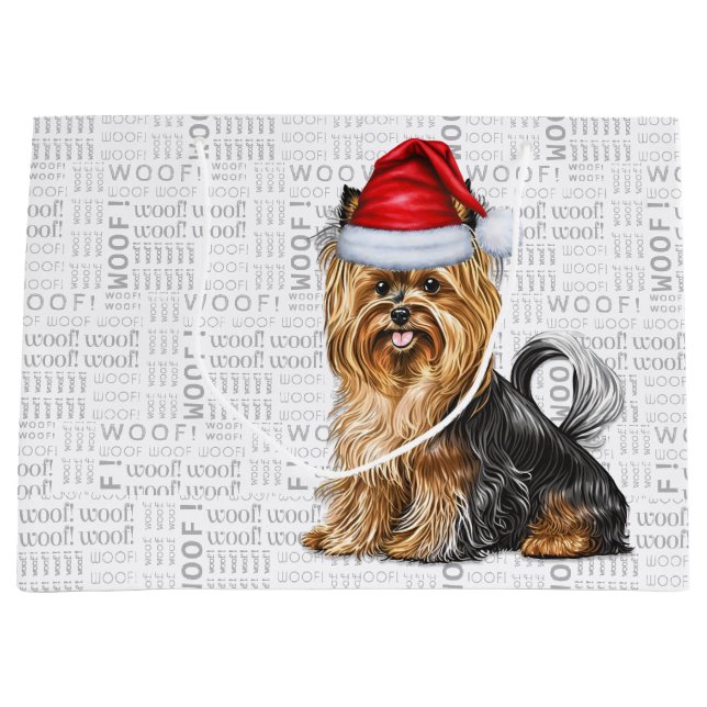 Funny Christmas Biewer Terrier Woof Große Geschenktüte (Vorderseite)