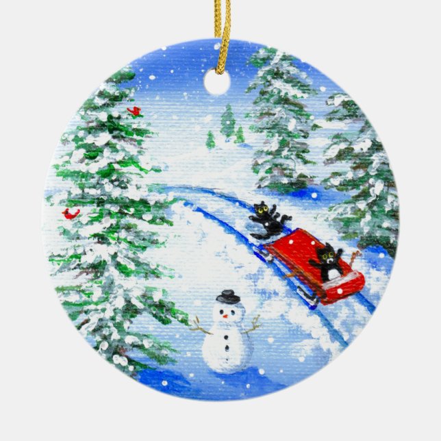 Funny Christmas Black Cat Art Creationarts Keramik Ornament (Vorne)