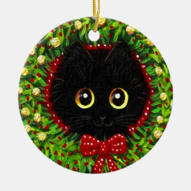 Funny Christmas Black Cat Art Creationarts Keramik Ornament (Vorne)
