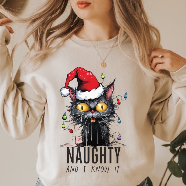 Funny Christmas Black Cat Naughty und ich weiß es T-Shirt (Von Creator hochgeladen)