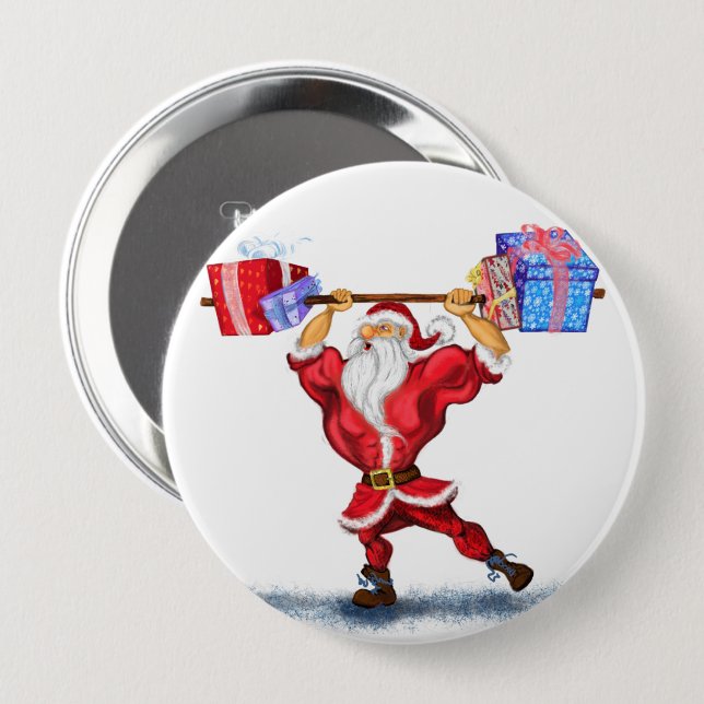 Funny Christmas Button Geschenk mit Bodybuilder Sa (Vorne & Hinten)