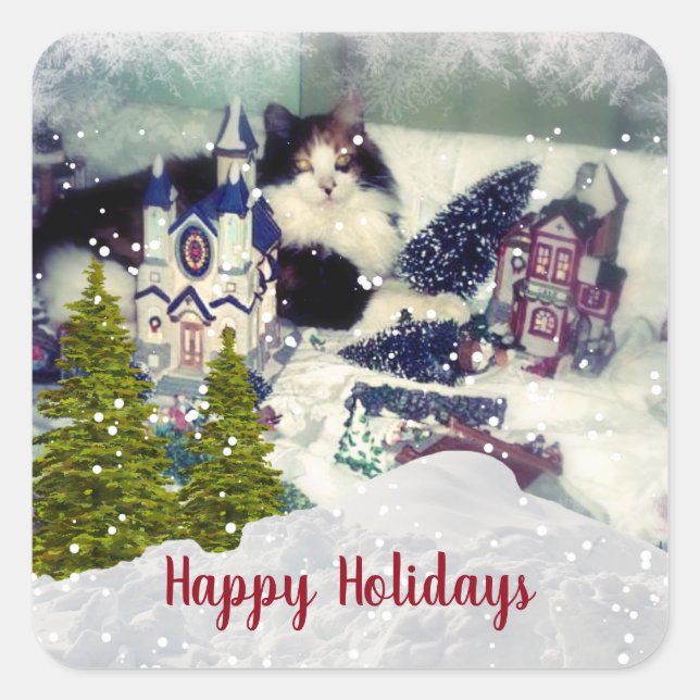 Funny Christmas Calico Cat Template Quadratischer Aufkleber (Vorderseite)