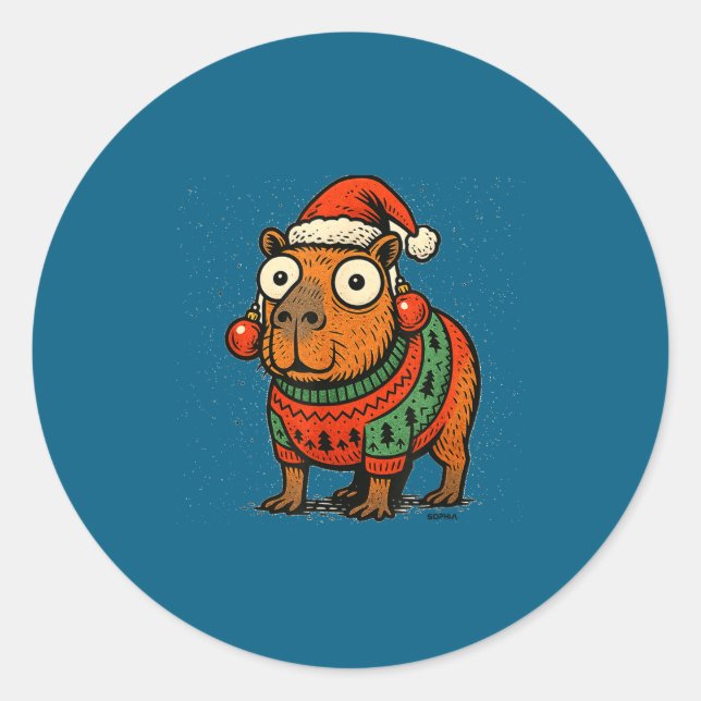 Funny Christmas Capybara With Santa Hat &amp; Swea Runder Aufkleber (Vorderseite)