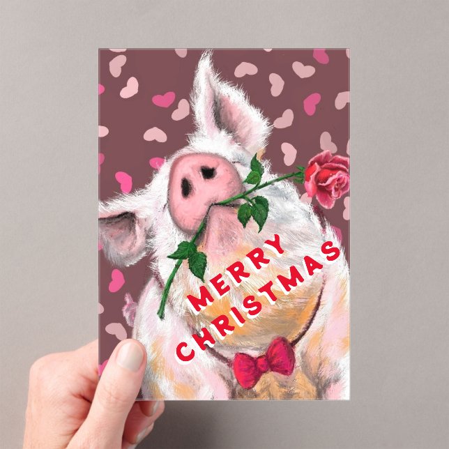 Funny Christmas Card Gentleman Pig mit Rose Acryleinladungen (Insitu (Handheld))