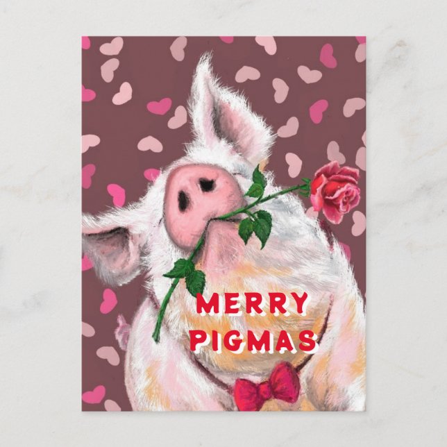 Funny Christmas Card Gentleman Pig mit Rose Postkarte (Vorderseite)