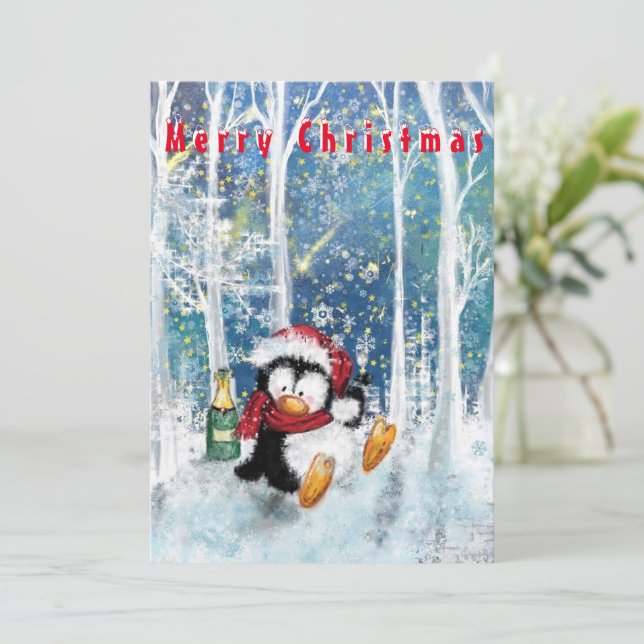 Funny Christmas Card Happy Party Penguin (Stehend Vorderseite)