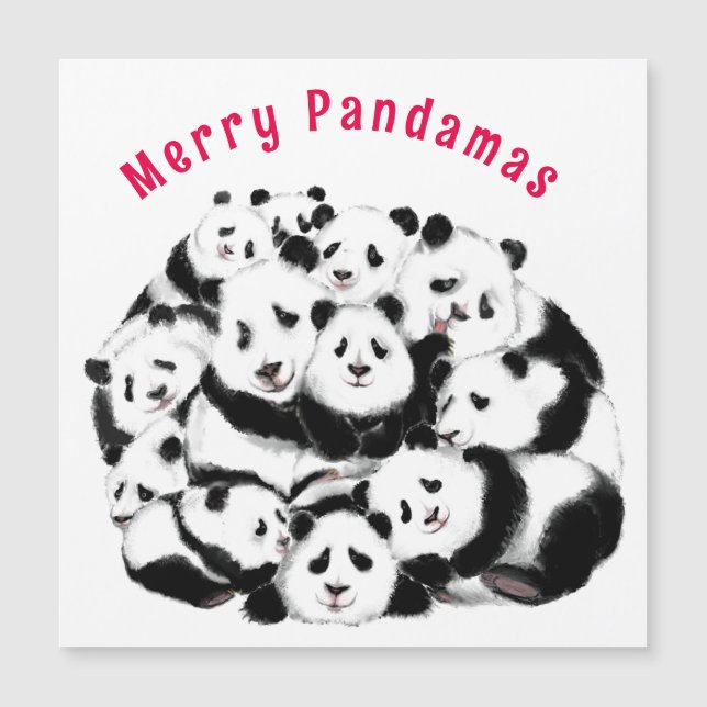 Funny Christmas Card mit Happy Family Pandas Magnetkarte (Vorderseite)