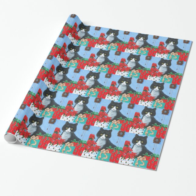 Funny Christmas Cat Black Tuxedo Cuckoo Uhr Geschenkpapier (Ungerollt)