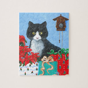 Funny Christmas Cat Black Tuxedo Cuckoo Uhr Puzzle