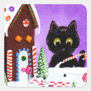 Funny Christmas Cat Gingerbread House Kreationarts Quadratischer Aufkleber