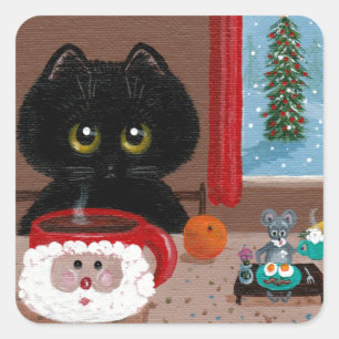 Funny Christmas Cat Mouse Creationarts Quadratischer Aufkleber