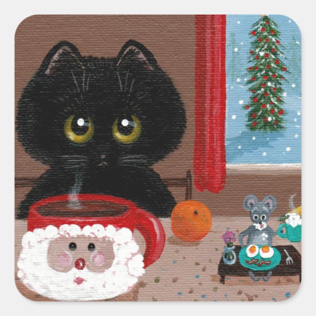 Funny Christmas Cat Mouse Creationarts Quadratischer Aufkleber (Vorderseite)
