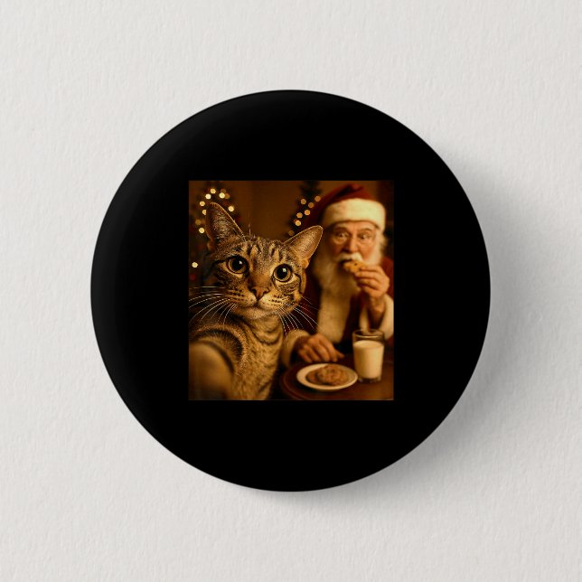 Funny Christmas Cat Selfie With Santa Claus Meme M Button (Vorderseite)