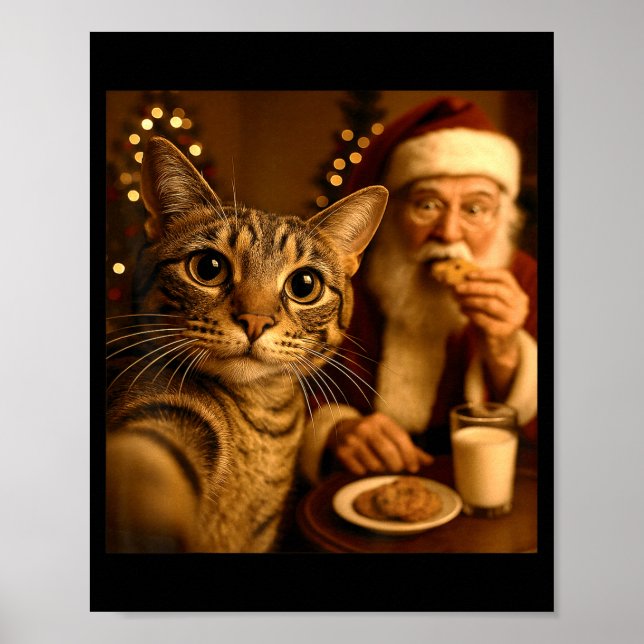 Funny Christmas Cat Selfie With Santa Claus Meme M Poster (Vorne)