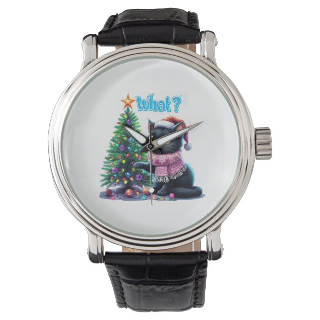 Funny Christmas Cat Was mit Baumsticker Armbanduhr (Vorderseite)