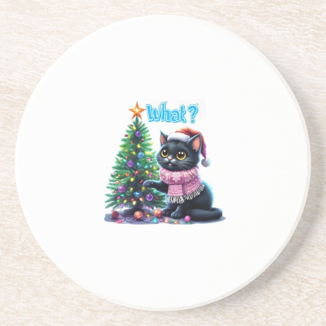 Funny Christmas Cat Was mit Baumsticker Getränkeuntersetzer (Vorne)